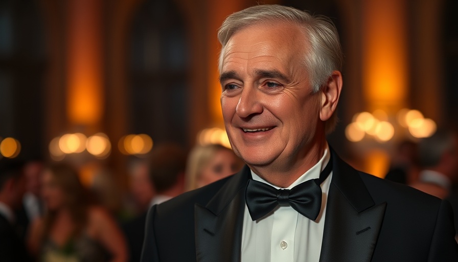 Elegant older gentleman smiling in black tuxedo at gala, Stanley Pilshaw real estate.