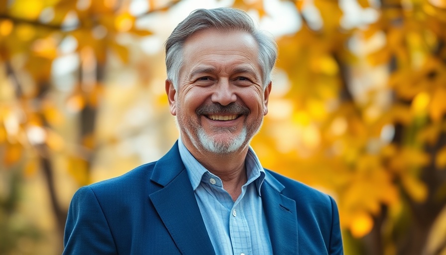 Professional man smiling outdoors with autumn leaves background.