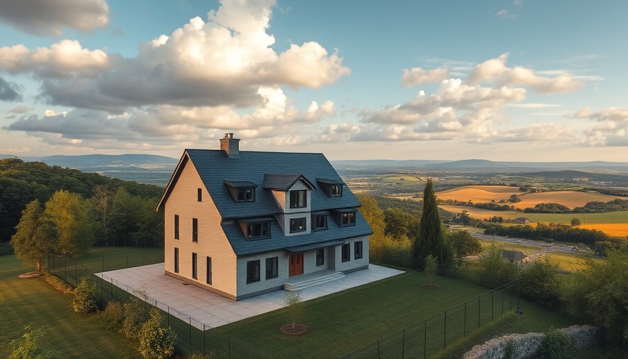 Aerial view of a modern house with a gray roof, ideal for roof inspections before buying a house, surrounded by greenery.