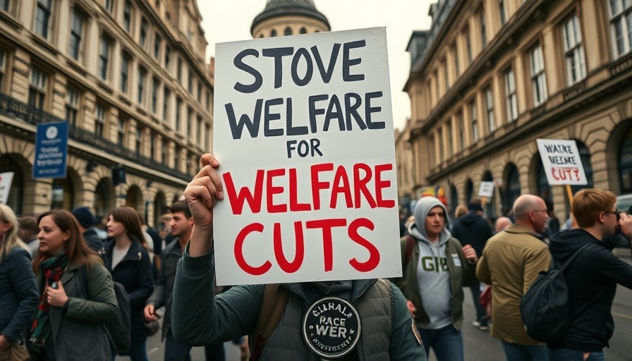 Protestor at UK welfare cuts rally holds sign, impacting poverty discourse.