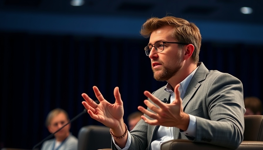 Person discussing AI copyright concerns at conference.