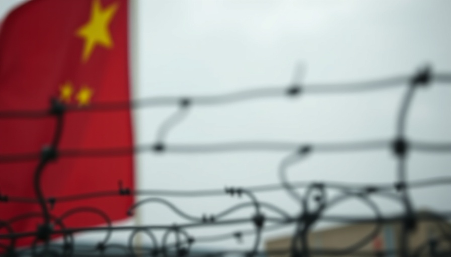 Blurred Chinese flag behind barbed wire highlighting censorship.
