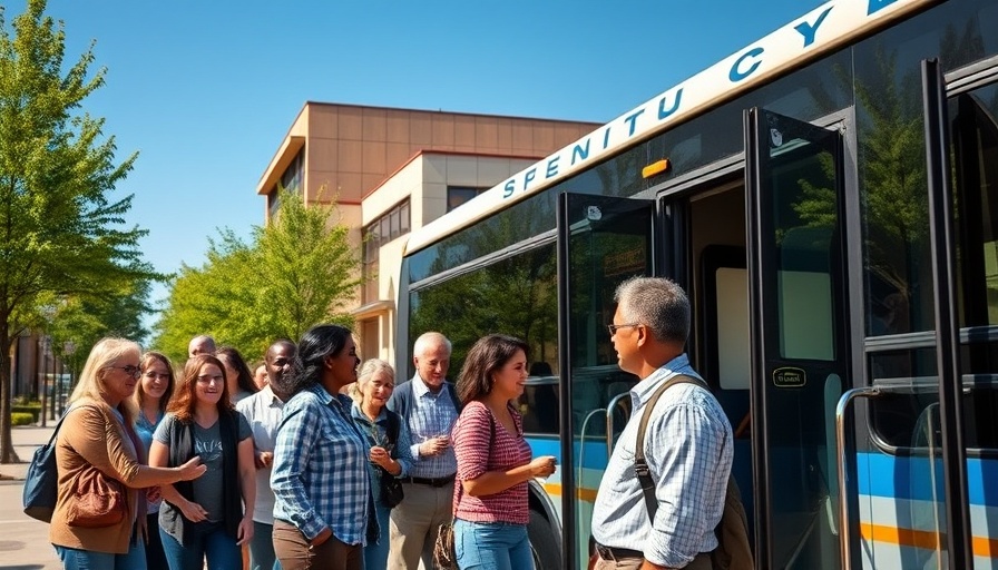 Local news today: People boarding a bus at senior center.