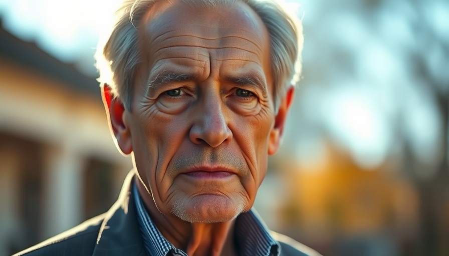 Elderly man in sunlight, serious expression, blurred background.