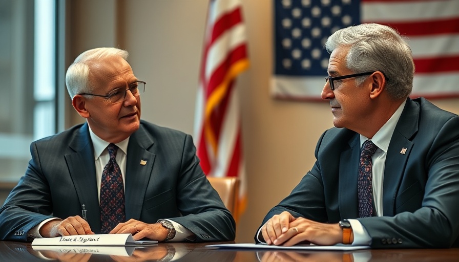 Two men in suits discussing at a conference table with American flag backdrop.