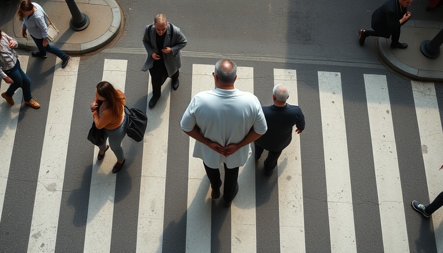 Overhead view of group with detained person crossing a street.