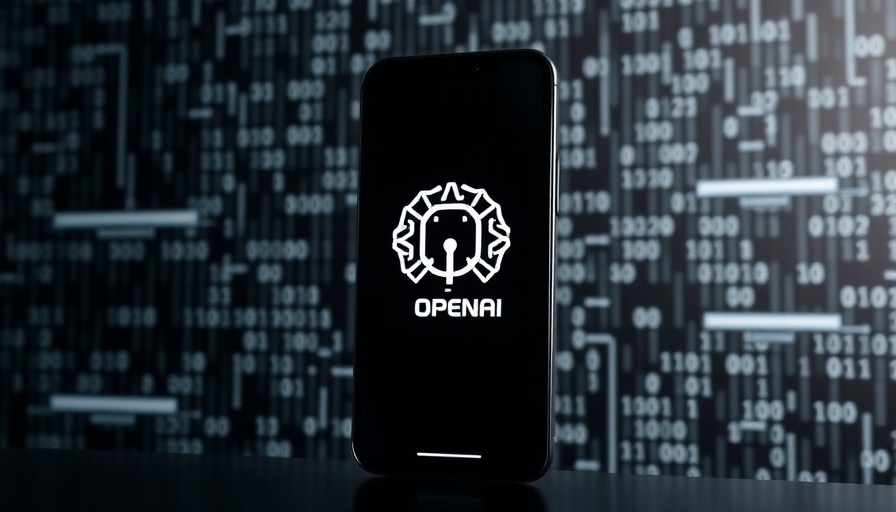 OpenAI logo on a phone with binary code backdrop.