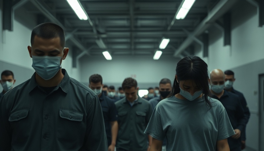 Detainees escorted by guards in detention center, Alien Enemies Act deportations.