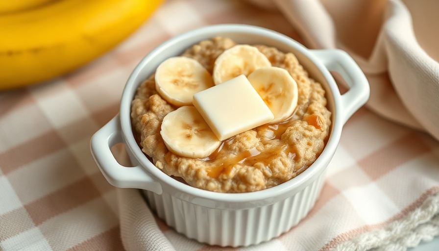 Fresh banana baked oats with banana slices and butter.