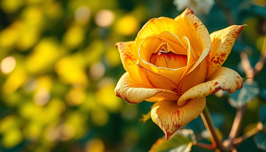 Yellow leaves on roses showing decay in evening sunlight.