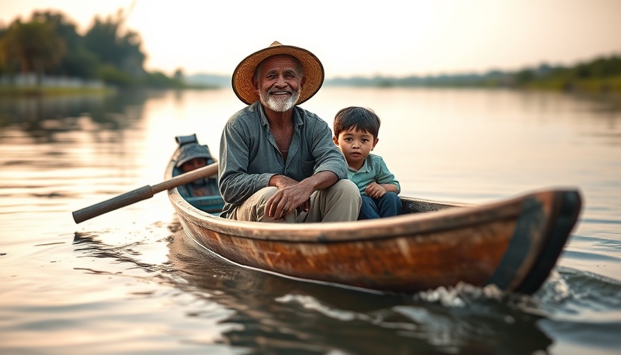 Local fisherman and children on a river in Cambodia, reflecting REDD+ efforts.