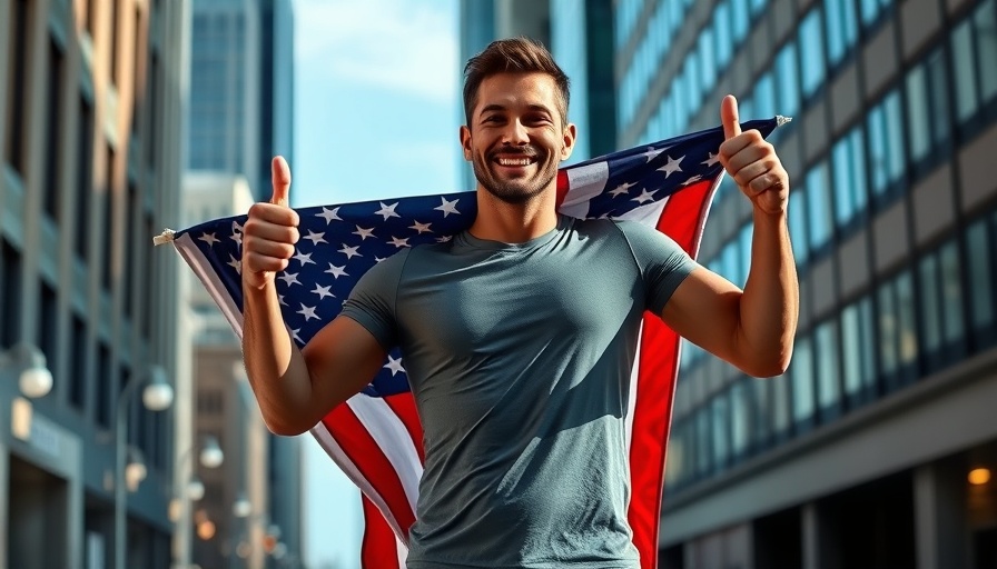 Active senior man running with an American flag in a community event.