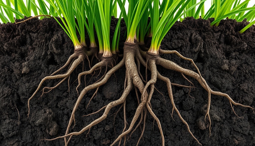 Benefits of using soil inoculants shown in rich soil with roots.