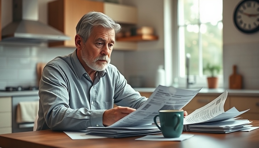 Middle-aged man reviewing bills, Debt consolidation with bad credit.