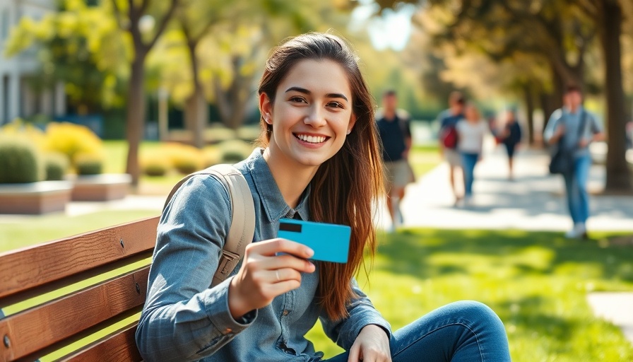 Smiling college student with credit card on campus bench.