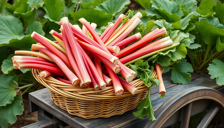Guide to harvesting rhubarb in a lush garden setting.