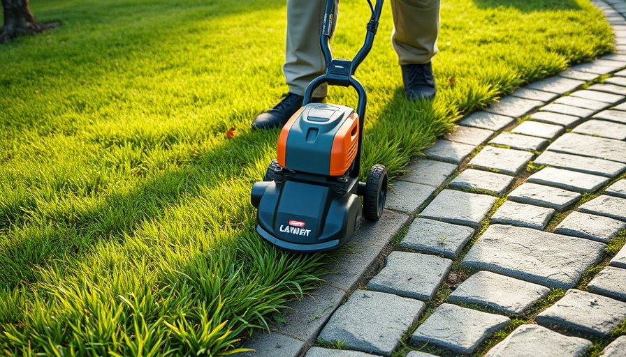 Person using a lawn edger on grass beside a stone path.