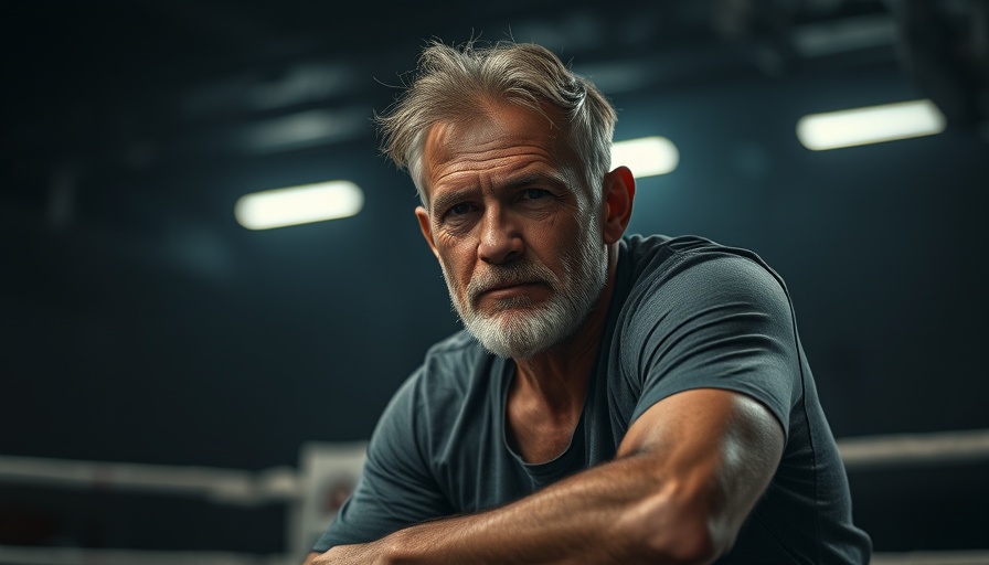 Seasoned man sitting in a boxing gym, relaxed expression. Senior Living Communities.