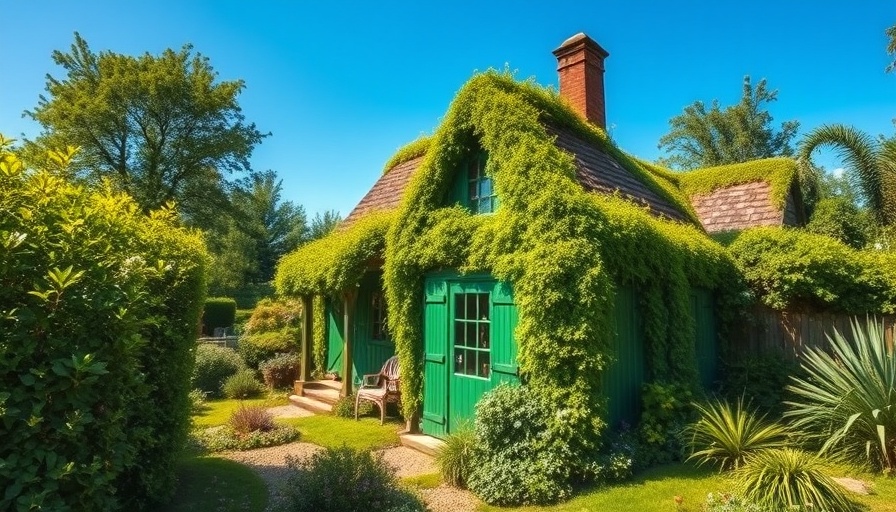 Charming green cottage style home with lush garden.