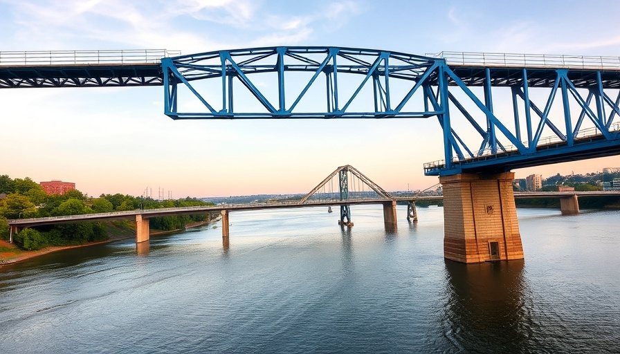 Historic blue bridge over river, scenic Chattanooga view.