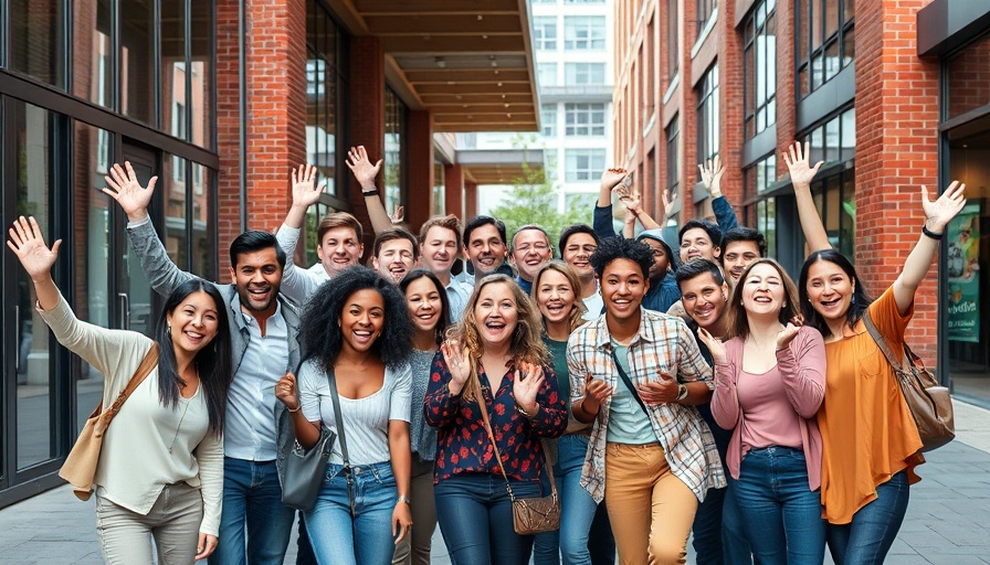 Vibrant group of people posing happily on an urban street, highlighting community spirit.