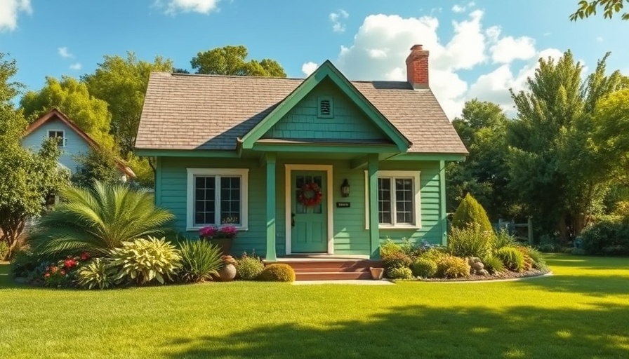 Cottage-style home with green exterior and lush garden.