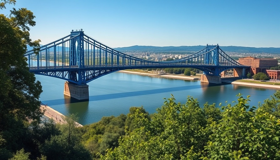 Chattanooga's blue bridge over calm river, lush greenery