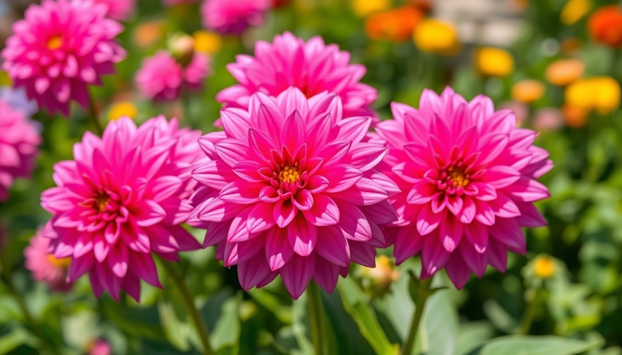 Vibrant pink dahlias in bloom, late summer garden.
