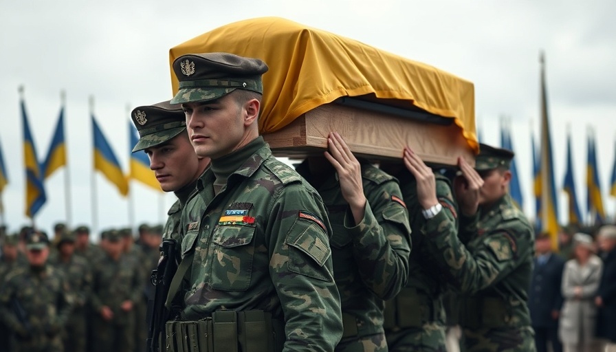 Military ceremony with Ukrainian flags, somber scene.