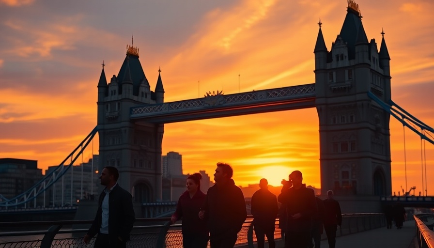 Silhouetted pedestrians at sunset with Tower Bridge in background, UK state pension loophole scene.