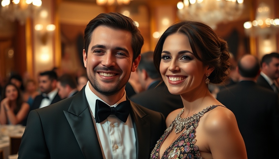 Elegant couple smiling at gala, Hugh Jackman Sutton Foster romance