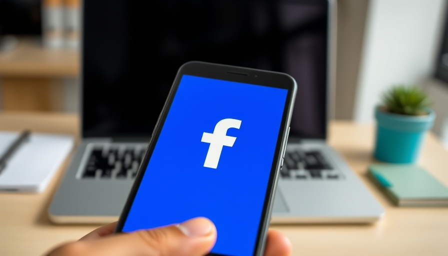 Facebook logo close-up in modern workspace, focus on phone.