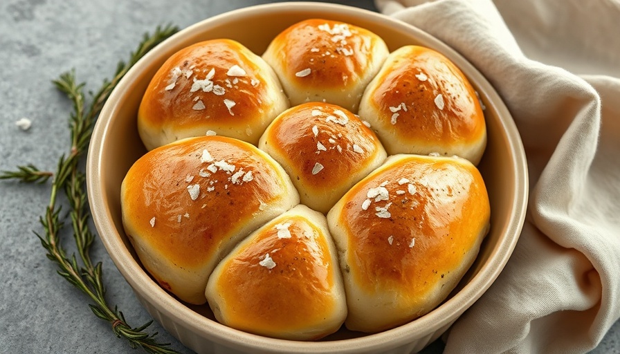 Golden herb garlic dinner rolls with sea salt in a baking dish.