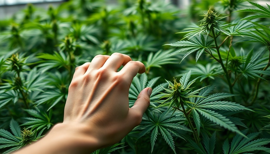 Close-up of a hand inspecting cannabis plants, related to Chicago Atlantic Real Estate Finance investment.