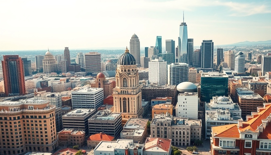 A panoramic view of the Los Angeles skyline, showcasing modern and historic buildings, representing LA Pension's real estate credit fund commitment.