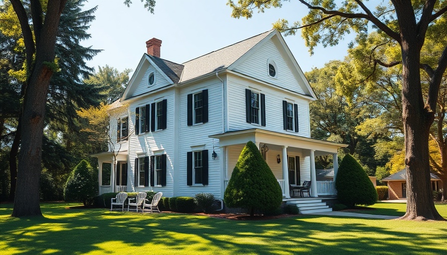 Charming white house for sale with lush lawn and trees.