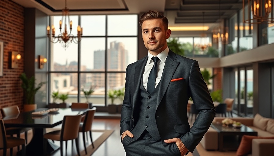 Sophisticated man in dining room; rooftop terrace and luxurious apartment interior.