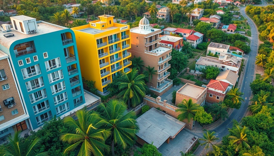 Aerial view of real estate in Tulum highlighting modern and residential areas.