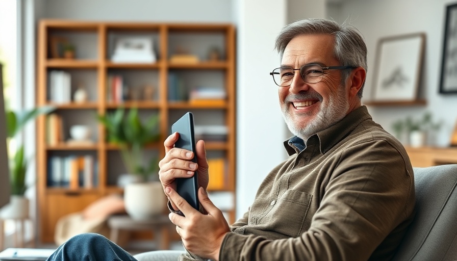 Smiling man in home office holding phone for retirement tax planning.