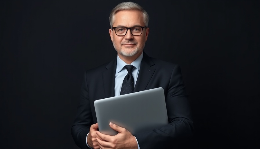 Confident man holding laptop representing superhuman AI technology.