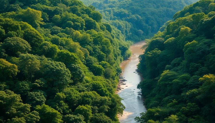 Aerial view of Amazon rainforest and river, COP30 climate action in Brazil