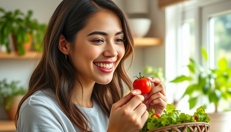 Woman enjoying salad in bright kitchen promoting the Alternative Healthy Eating Index.