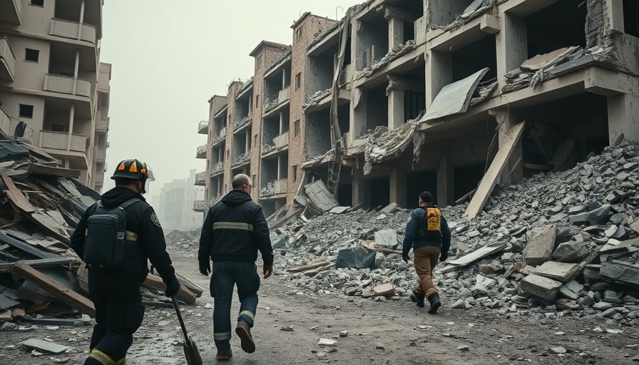 Emergency responders assessing earthquake damage in Myanmar.