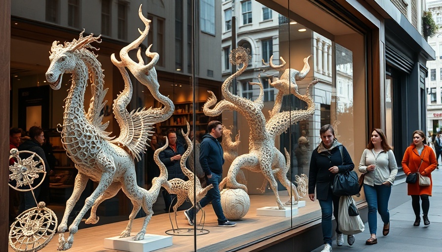 Storefront window display with abstract art and pedestrians.