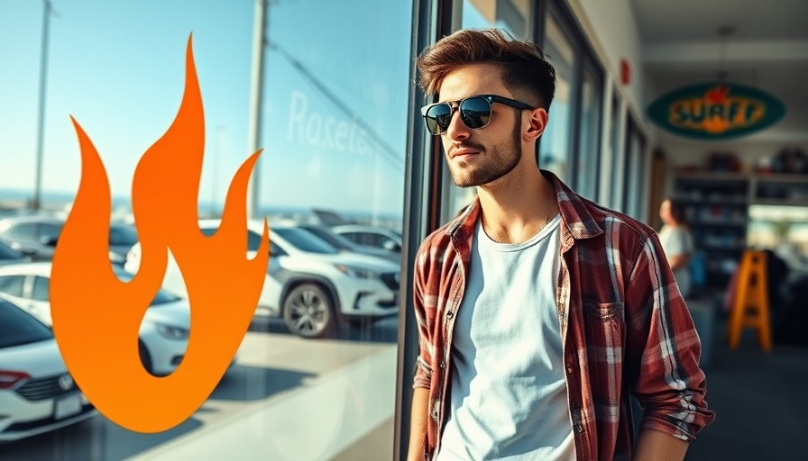 Trademark infringement Mayhem surf shop window and man in sunglasses.