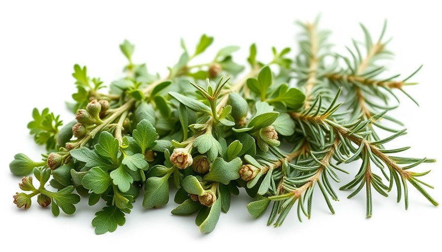 Herb propagation: thyme, sage, rosemary cuttings on white background.