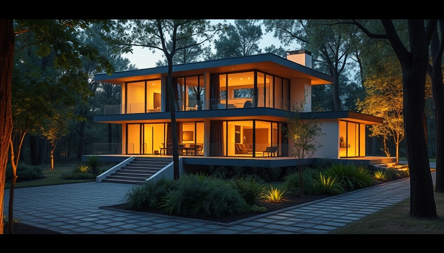 Modern house with sleek windows and lush garden at twilight.