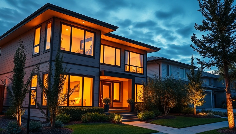 Modern home with new windows at twilight, soft lighting.