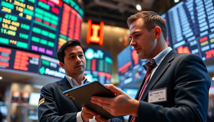 Traders discussing in stock market setting, highlighting business dynamics.