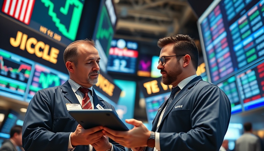 Traders at stock exchange discussing valuations, stock monitors in background.